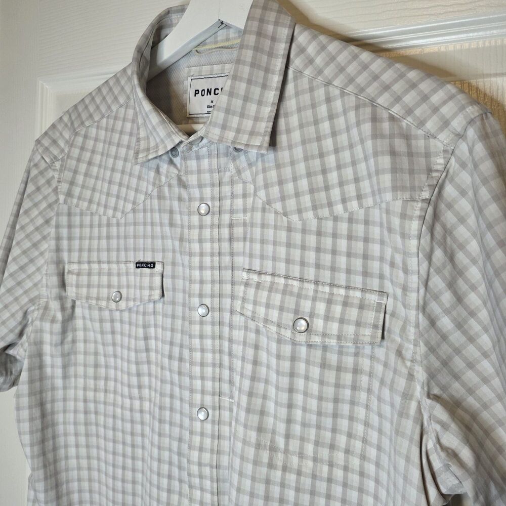 Poncho Pearl Snap Shirt Men's Medium Beige Slim Fit Short Sleeve Western Plaid
